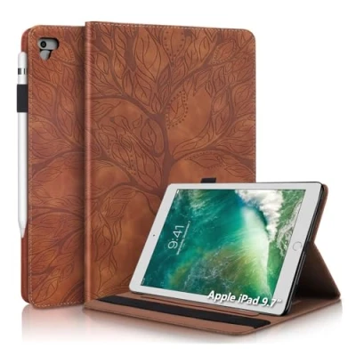 Afbeelding van Aswant iPad 6e Generatie 2018 Case 2017 9.7 Inch Cover PU Lederen Portemonnee Flip Stand Functie voor Air/iPad Air 2 Inch, 2017/iPad Reliëf Boom Bruin