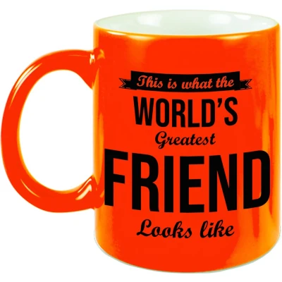 Afbeelding van Worlds Greatest Friend cadeau mok / beker neon oranje 330 ml feest mokken