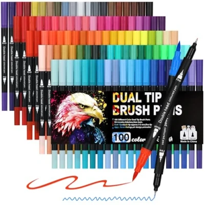 Afbeelding van Owelth Penseelstiftenset, 100 kleuren penseelstiften, dubbele punt, aquarelstiften, viltstiften, dikke en fijne punt van vezel, 1 2 mm / fineliner 0,4