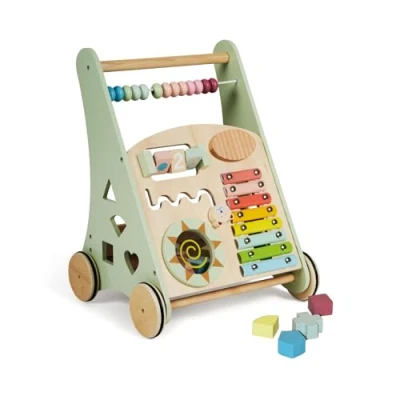 Afbeelding van Buddy Baby Montessori loopwagen van hout, voor eerste stappen met speelgoed en activiteiten, baby&#039;s vanaf 12 maanden (appland/groen)