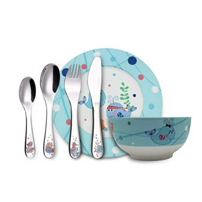 Afbeelding van Exzact Bestek cadeauset 6 stuks roestvrij staal/kinderservies 1 x kom, bord, tafelmes, eetvork, theelepel en tafellepel Deluxe geschenkdoos (WF712 6GFT SEA)