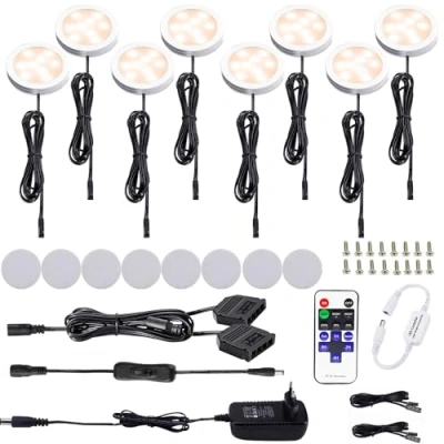 Afbeelding van AIBOO led kastverlichting, complete set van 8, onder kastverlichting met afstandsbediening, keukenlampen, vitrinekastverlichting, warmwit, 2700 K, onderbouwlampenset, inclusief alle accessoires