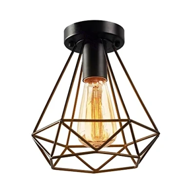 Afbeelding van iDEGU Industriële plafondlamp van metaal, vierkante kooi, kroonluchter, lampenkap, ijzer, E27, plafondlamp, zwart, voor woonkamer, slaapkamer, bar (diamant 20 cm, 1 stuk)