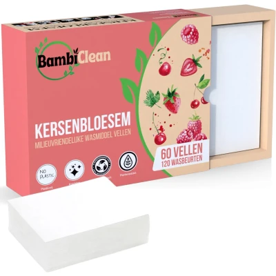 Afbeelding van BambiClean Wasstrips Kersenbloesem 120 wasbeurten Milieuvriendelijke Wasmiddeldoekjes Wasmiddel Strips