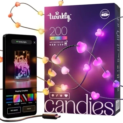 Afbeelding van Twinkly Strings Heart 200 LED, LED Lichtsnoer in Hartvorm, Multicolor RGB, Compatibel met Alexa, Google Home, Verlichting, USB C Voeding, Groen Snoer, 2 x 6m