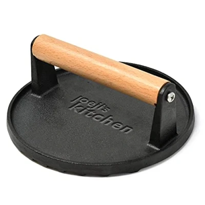 Afbeelding van Joeji&#039;s Kitchen gietijzeren burgerpers met antiaanbaklaag, zware cool touch houten handvat, geribbelde burgerkraker om perfecte schroeistrips te creëren