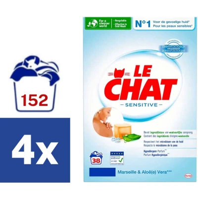 Afbeelding van Le Chat Sensitive Waspoeder Marseille &amp; Aloe Vera Voordeelverpakking 4x38 Wasbeurten