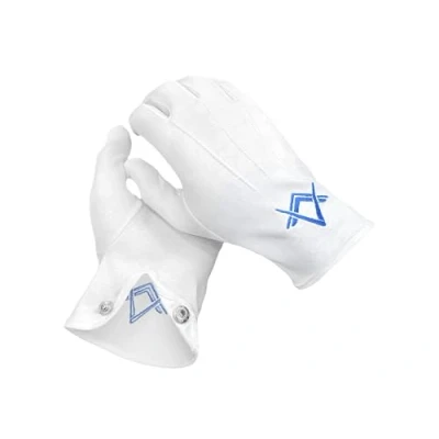 Afbeelding van THE Masonic COLLECTION White Premium katoenen handschoenen Wit met koningsblauw borduurwerk van Square &amp; Compass Logo Wasbaar en herbruikbaar vrijmetselaars cadeau voor