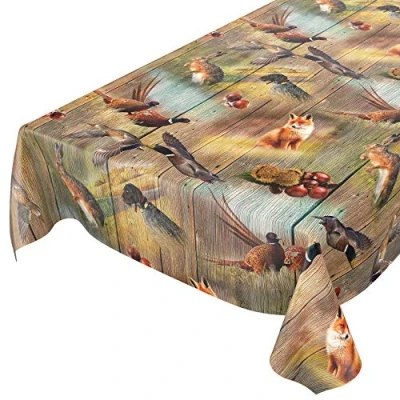 Afbeelding van Wasdoek tafelkleed, afwasbaar tuintafelkleed, tafelzeil, rond, ovaal, rechthoekig, voor binnen en buiten, jachtmotief, hout, 350 x 140 cm