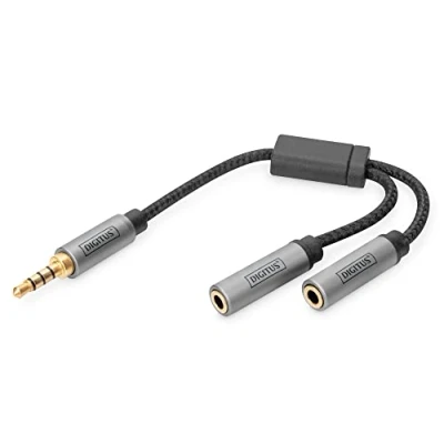 Afbeelding van DIGITUS stereo hoofdtelefoonadapter 2x 3,5mm aansluiting naar microfoonadapter vergulde contacten 0,2m zwart voor smartphones, computers, laptops, gamecontrollers