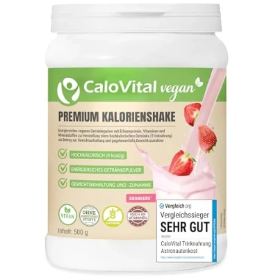 Afbeelding van Calorische drinkvoeding, veganistisch, calorieënshake om aan te komen, astronautenvoeding, drinkmaaltijd met koolhydraten, eiwitten, vitaminen en mineralen, hoge dosis, CaloVital (500 g, aardbeien)