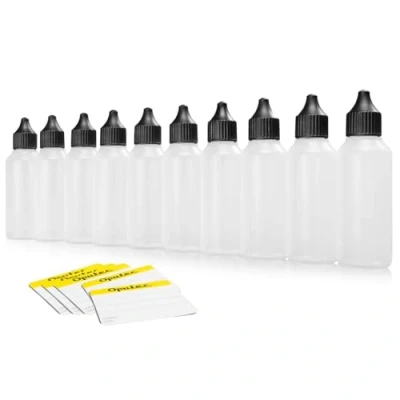 Afbeelding van Oputec 10 x 50 ml vloeistofflessen met druppelaar: voedselveilige zachte PE kunststof flessen zelf vullen, plastic flessen, druppelflessen + etiketten