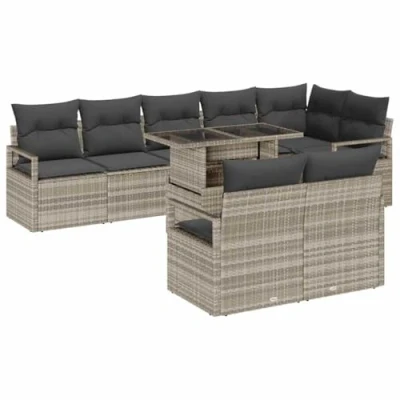 Afbeelding van vidaXL 9 delige tuinset met kussens in lichtgrijs poly rattan