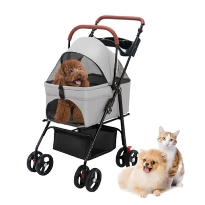 Afbeelding van cadciehe opvouwbare kinderwagen voor huisdieren, 4 wielen kleine en middelgrote puppy&#039;s, met opbergmand bekerhouder,