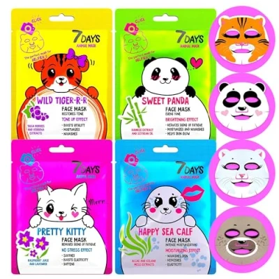 Afbeelding van 7Day Sheet Masker Set van hydraterende stoffen gezichtsmaskers, anti aging, hydraterend, rustgevend en verfrissend, schattig gezichtsmasker voor schoonheid, 4 stuks