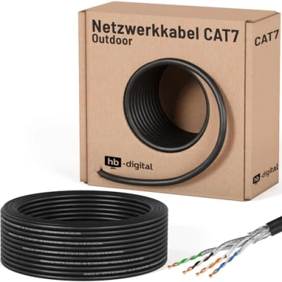 Afbeelding van hb digital 25 m CAT 7 installatiekabel, ethernet, 1000 MHz, 10 Gbit, voor buiten, zwart, AWG23/1, PE S/FTP, dubbel afgeschermd, PiMF, zuiver koper, gegevens ruw / begraven buiten