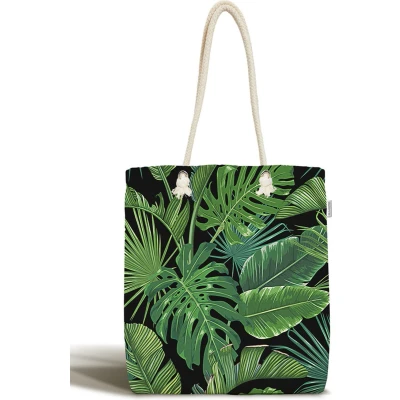 Afbeelding van Schoudertas Dames met rits Palmbladeren op zwart Canvas 45x50 Strandtas Shopper tas tassen Zomer Hobby
