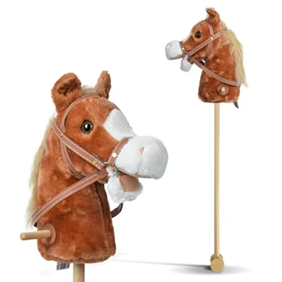 Afbeelding van Pink Papaya Steekpaard, Brownie, schattig speelgoed paard van pluche met geluid Functie: Gezellig en galop Kleur: lichtbruin blonde manen