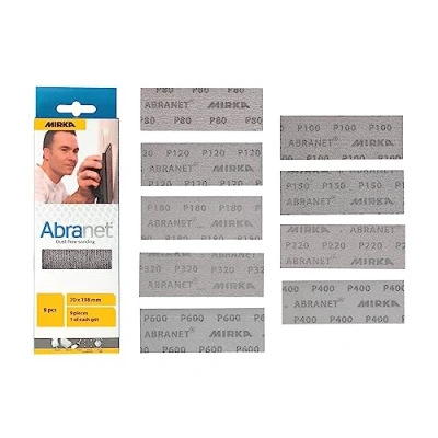 Afbeelding van Mirka Abranet Net Schuurstrips 70 x 198 mm klittenband / Mix pack 1 stuk van elke korrel 80, 100, 120, 150, 180, 220, 320, 400, 600 9 stuks voor het schuren hout, vulmiddel, vernis, kunststof