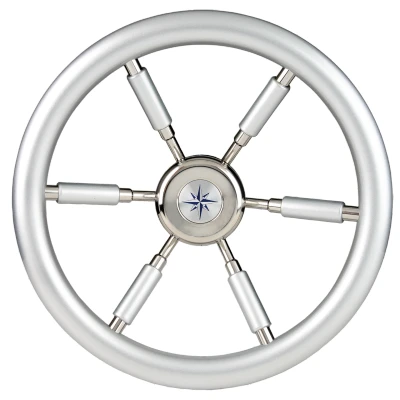 Afbeelding van 6 spaaks stuurwiel leader silver rvs met zilver look rand en deels spaken a=370mm b=100mm