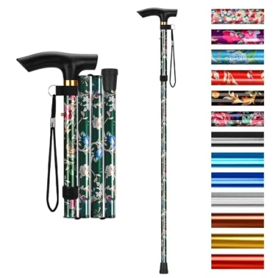 Afbeelding van supregear Opvouwbare Wandelstok, Wandelstok met 5 Niveaus Verstelbaar Hoogte Lichtgewicht Draagbare Polsband en T handvat voor Oudere Gehandicapte Mannen Vrouwen, Groene Bloemen