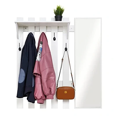 Afbeelding van Meerveil Wandgarderobe met spiegel, houten garderobe 5 haken, industriële stijl voor hal entree, 100 x 22 106 cm, wit