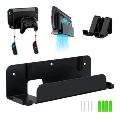 Afbeelding van Tolesum Wandhouder voor Switch 2, compatibel met Dock en Joy Con Pro Controller, robuuste metalen houder, ruimtebesparende houder ventilatiegaten, zwart