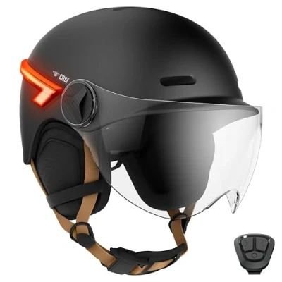 Afbeelding van CASR Glow LED helm voor fiets en step XL vizier afneembare oorbeschermers, achterrichtingaanwijzers afstandsbediening Stijlvol stedelijk design mannen vrouwen Zwart Maat L