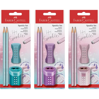 Afbeelding van Faber Castell potlodenset Sparkle Cosmic 2 grafietpotloden met gum en puntenslijper op blisterverpakking 1 set FC 118282