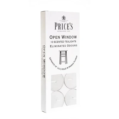 Afbeelding van Price&#039;s Tealights met open raam Pack van 10 Geureliminerende theelichten Gemaakt lelie, violette en oranje bloemextracten Schoon, fris, kwaliteitsgeur Langdurige geur