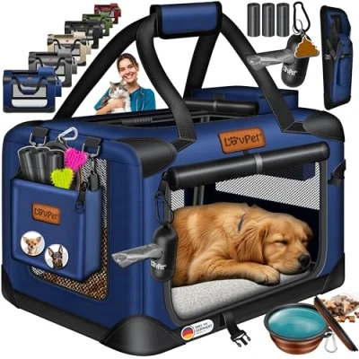 Afbeelding van Lovpet® Hondenbox, incl. hondenbak, opvouwbaar, L 70 x 52 cm hondentransportbox, transporttas, hondentas, transportbox voor huisdieren, honden en katten, marineblauw