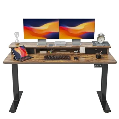 Afbeelding van FEZIBO In hoogte verstelbaar elektrisch sta bureau met dubbele lade, 140 x 60 cm tafel opbergplank, zit splitplank, zwart frame/rustieke bruine bovenkant