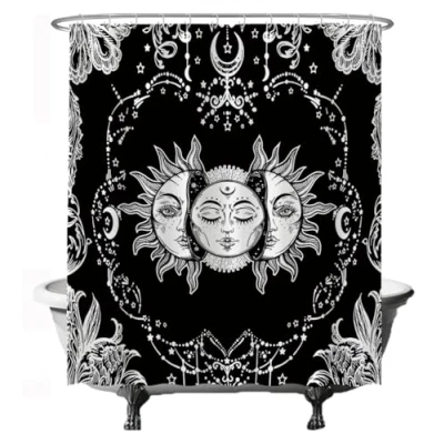 Afbeelding van Ulticool Douchegordijn Zon Maan Zodiac Tarot Natuur Bohemian 180 x 200 cm semi Transparant met 12 Ringen Wit anti Schimmel Zwart