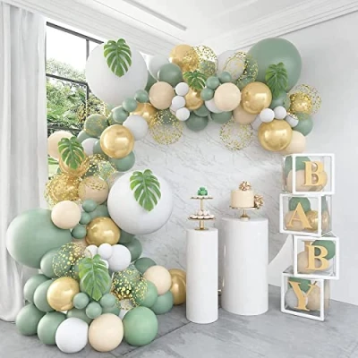 Afbeelding van Olijf Groene Ballon Boog Set,128Pcs Salie Ballons Linger met Wit Gouden Confetti Ballonnen Retro voor Jongens Verjaardags Feestje,Baby Shower Decoratie,Jungle Safari thema Feest