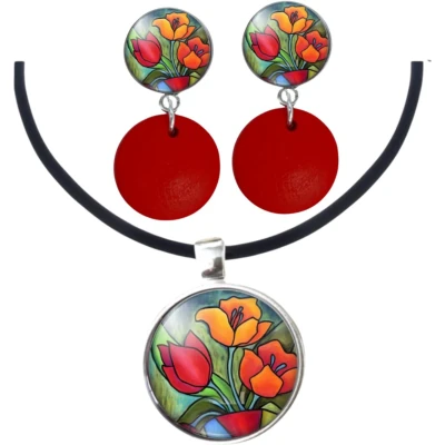 Afbeelding van Set Tulp clip oorbellen lang hout en ketting Charme Bijoux