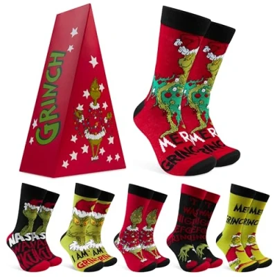 Afbeelding van The Grinch Kerstsokken voor heren, zachte ademende sokken, set van 6 beste geheime kerstcadeaus mannen, Rood, 7.5 11