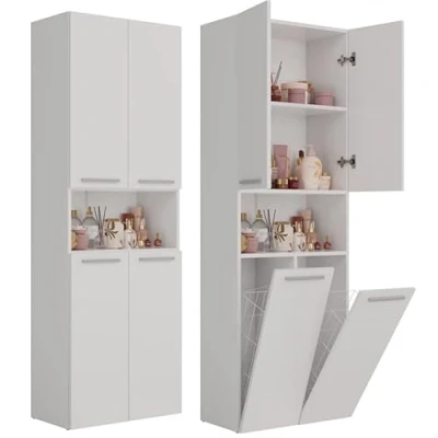 Afbeelding van BDW Badkamerkast, 2 wasmand, deuren 174 x 60 30 cm onderkast, wastafelonderkast, hoge kast, badkamermeubel, badkamerrek (wit)