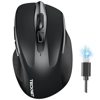 Afbeelding van TECKNET Bluetooth muis, oplaadbare draadloze muis (drie modi: BT 5.0/3.0 + 2,4 G), 4800 dpi, ergonomische stille voor laptops, Mac OS, Android, Windows, zwart