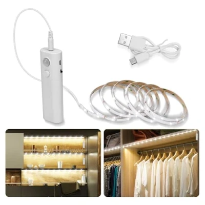 Afbeelding van Koel Witte LED strips met Bewegingsmelder LUXJET Zelfklevende Oplaadbare Automatisch Aan/Uit 2m Geschikt Voor Kledingkasten, Slaapkamers, Keukens, Gangen