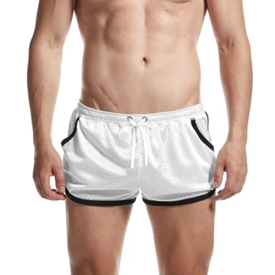 Afbeelding van AIMPACT Heren Bodybuilding Fitness Strakke Shorts Retro Workout Running met Zak, Wit, M