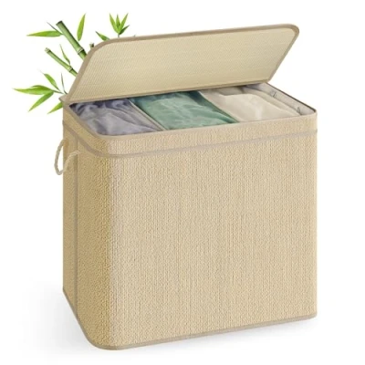 Afbeelding van SONGMICS Wasmand met 3 compartimenten, bamboe wasmand, 170 liter, afneembare en machinewasbare waszak, deksel, handgrepen, voor wasruimte, slaapkamer, woonkamer, natuurlijke kleur LCB069Y01