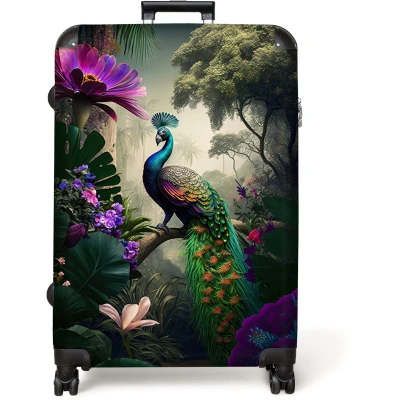 Afbeelding van NoBoringSuitcases.com® Koffer groot Reiskoffer lichtgewicht Pauw Bloemen Jungle Regenboog Veren Rolkoffer met 4 wielen Grote trolley XL 98 liter bagage
