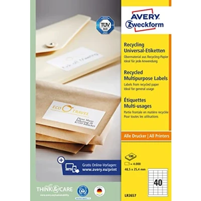 Afbeelding van AVERY Zweckform LR3657 Recycling etiketten (4.000 zelfklevende etiketten, 48,5 x 25,4 mm op A4, 100% gerecycled oud papier, individueel bedrukbaar, stickers) 100 vellen, natuurwit