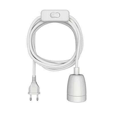 Afbeelding van ledscom.de Textielkabel LEHA II, stekker, schakelaar, wit, 3m, porseleinen fitting, 1x E27 max. 300W, Led, Diy, E27, textielkabel, hanglamp, gloeilamp, textiel