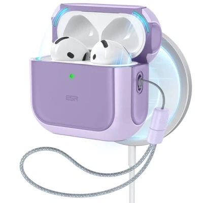 Afbeelding van ESR Hoesje voor AirPods 4e generatie, compatibel met 4 Gen (2024) (USB C), MagSafe, valbescherming lanyard, Orbit Hybrid Case, paars