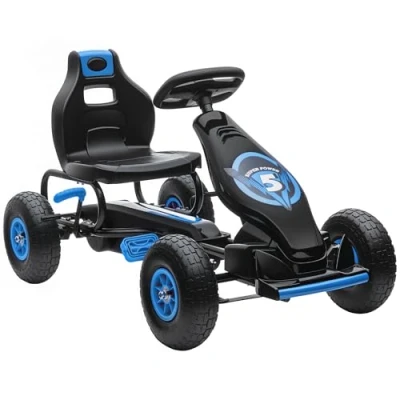 Afbeelding van HOMCOM Kart met pedalen voor kinderen, Go pedaalvoertuig, verstelbare zitting, 3 posities, handrem, antislipbanden kinderen van 5 tot 12 jaar, metaal + PP, blauw, zwart