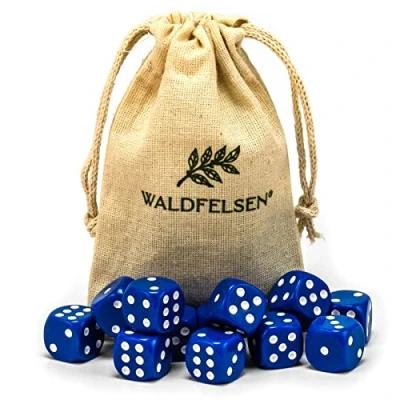 Afbeelding van Waldfelsen 6, 12, 20, 30 of 50 hoogwaardige dobbelstenen van ® standaardformaat 16 mm acrylkubus knobel speelkubus Dice 6 zijdig zeszijdig speelaccessoires set met stoffen zak (blauw, 12 stuks)
