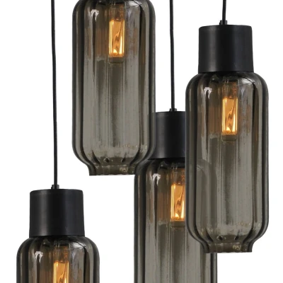Afbeelding van Masterlight Zwarte design hanglamp Lett ll 5 lichts smoke glas 2157 05 50