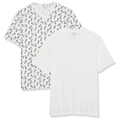 Afbeelding van Amazon Essentials Heren Regular Fit T shirt met korte mouwen en V hals (verkrijgbaar in Big &amp; Tall), 2 stuks, wit/ananasprint, klein