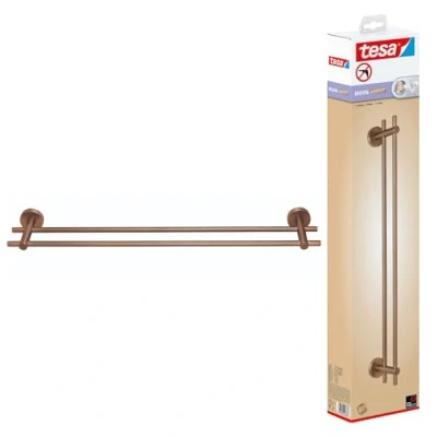Afbeelding van tesa MOON Dubbel Handdoekrek van Geborsteld Brons Zelfklevend met Twee Stangen Gemaakt PVD gecoat Metaal Zonder Boren, incl. Kleefoplossing 112 mm x 640 50